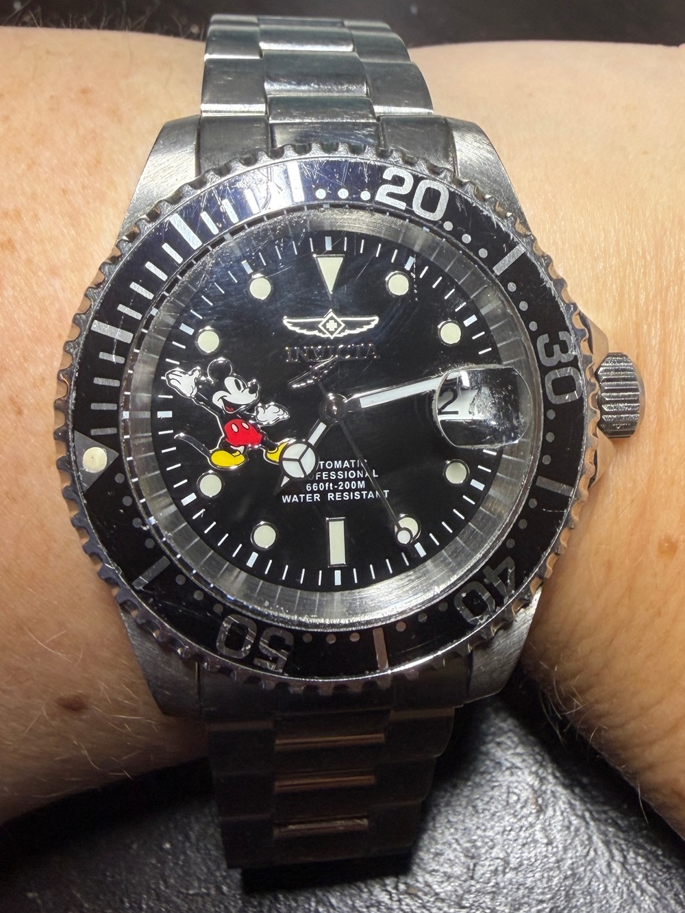 Invicta Silver Stainless Steel Black Dial Mickey Diver Watch